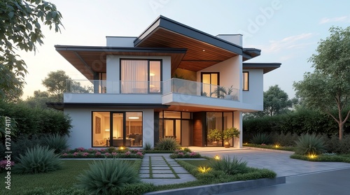 Modern luxury house exterior with spacious backyard and cozy patio real estate business