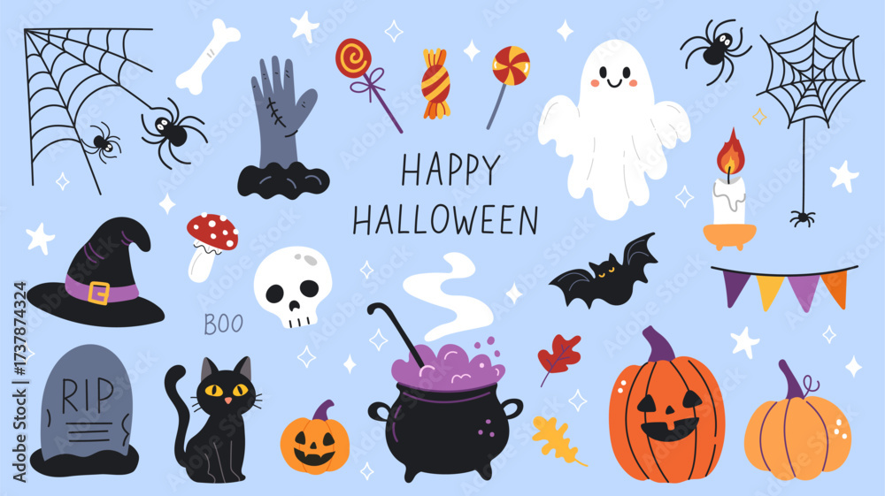 Naklejka premium set of scary items for celebrating Halloween. collection Vector graphics, isolated on background