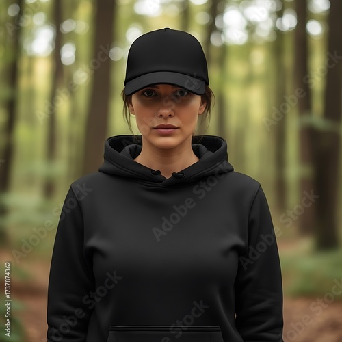 Woman in Black Hoodie and Hat in Forest.