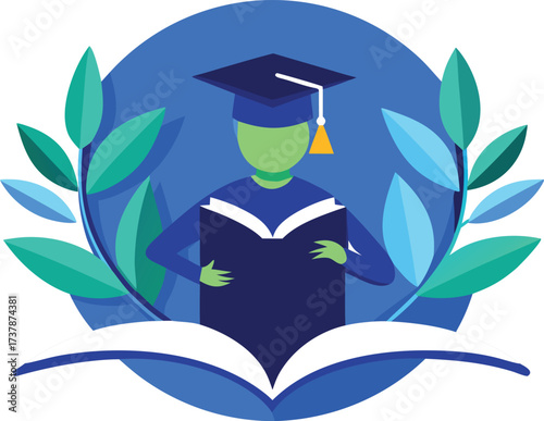 Graduate reading a book surrounded by leaves and books