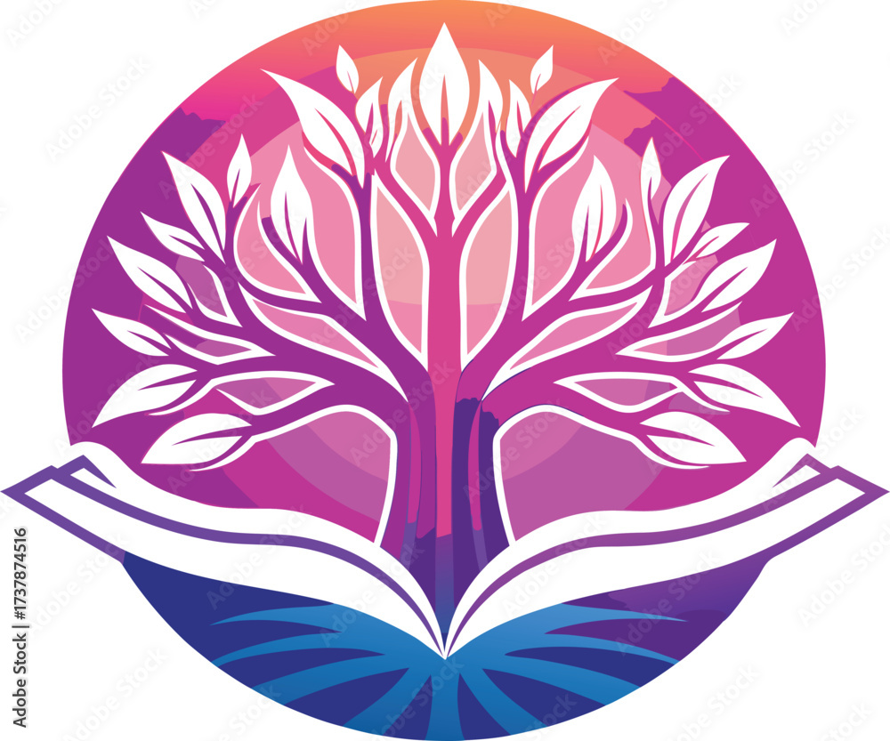 Fototapeta premium Open book with tree of knowledge and colorful sky education