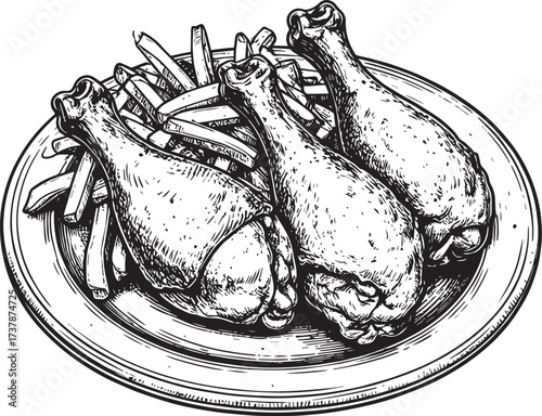 Chicken thigh with french fries hand drawn vector illustration