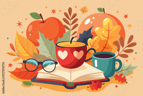 Autumnal still life with open book, cups of coffee and apples