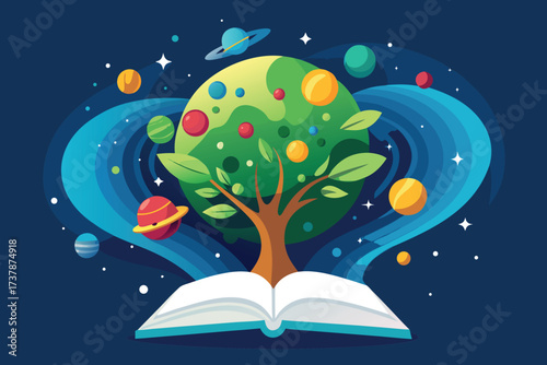 Open book with tree and planets in space sapling