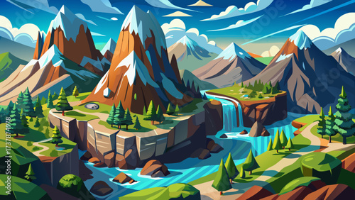 Isometric mountain landscape with rocky cliffs, snow peaks, pine forests, rivers, waterfalls, hiking trails, clear skies, alpine environment, natural beauty, outdoor adventure terrain, and panoramic 