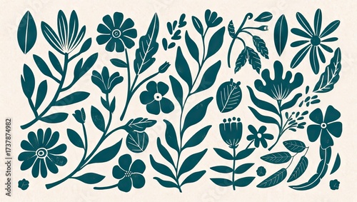 Botanical Illustration in Teal and Cream with Flowers and Leaves