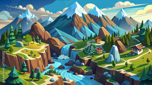 Isometric mountain landscape with rocky cliffs, snow peaks, pine forests, rivers, waterfalls, hiking trails, clear skies, alpine environment, natural beauty, outdoor adventure terrain, and panoramic 