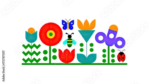Colorful Geometric Garden with Flowers and Insects for Springtime Designs