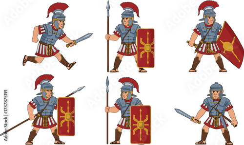 Cartoon Roman soldiers illustration, ancient warriors in armor, gladiator style characters with swords, spears, shields, red plumes, blue tunics, historical military poses, battle ready