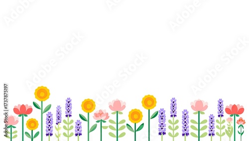 Delicate floral border with colorful stylized flowers and white background
