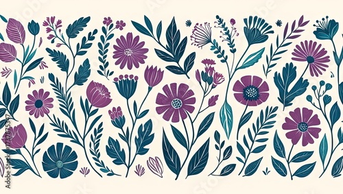 Elegant floral pattern illustration with purple flowers and teal leaves design