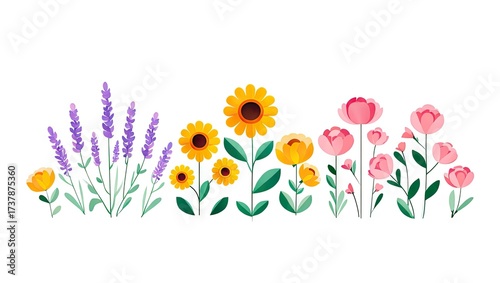 Floral Border with Lavender Sunflowers and Pink Flowers on White Background