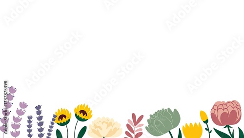 Floral border with sunflowers lavender peony and other colorful flowers