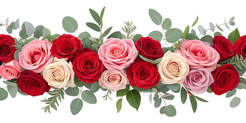 Elegant rose and eucalyptus border isolated on transparent background