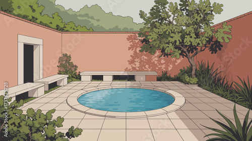 A tranquil courtyard with a circular pool surrounded by lush greenery and a warm colored wall setting sun
