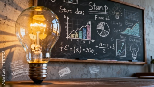 Creative workspace featuring glowing light bulb and chalkboard with financial graphs and startup ideas