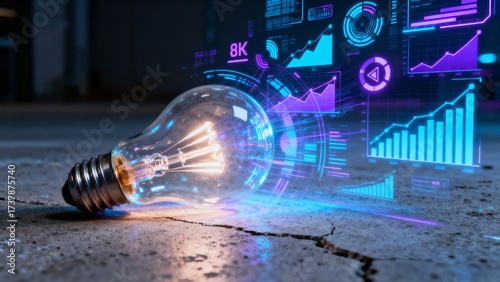 Light bulb with digital data projections on a cracked floor in a modern environment showcasing innovation and technology