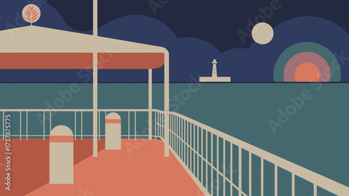 A view from a ship deck at night with a lighthouse and moon in the distance in a retro style art work