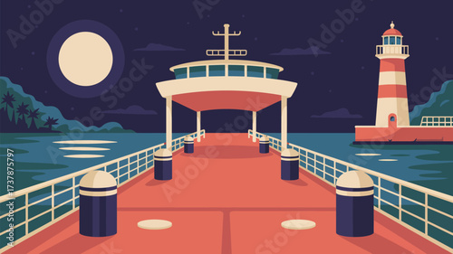 Illustration of a pier leading to a lighthouse under a full moon at night with palm trees in the background