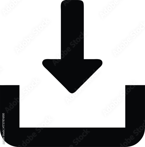 Bold black download icon against clean white background.