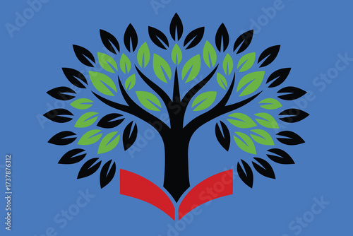Minimalist tree of knowledge symbol with red open book Keywords: tree, books, knowledge