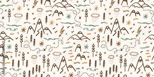 Camping Nature Vector Background for Kids in Earth Colors. Doodle Mountain and Forest Area Map Seamless Pattern. Hand Drawn  Mountains, Hills, Trees, Hiking Trails and Night Starry Sky
