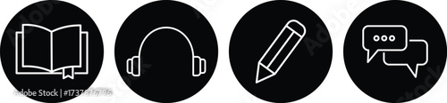 
Language skill icon set speaking listening reading writing education test logo vector. Language skills icon set on transparent background for education test. Language skill icon

