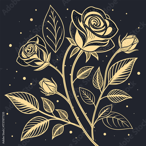 Elegant golden line art of a blooming rose bush with buds and leaves against a dark background with scattered dots seamless pattern with flowers