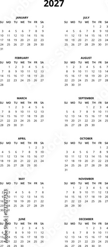 2027 Calendar template. Calendar 2027 - 12 months yearly calendar in year 2027 - planner calendar. Vector illustration for print, web, mobile app on transparent background