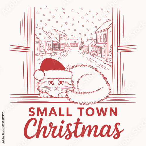 small town christmas cat with santa hat cozy winter village snow holiday festive pet lover t shirt design vector art