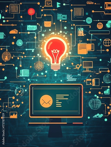 Online learning concept with icons of a computer, book, and light bulb on a digital screen, symbolizing educational technology and elearning tools, vibrant design