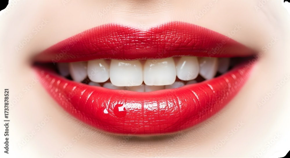 Fototapeta premium Close-up of a vibrant red lips smiling, showcasing perfect white teeth against a soft blurred background