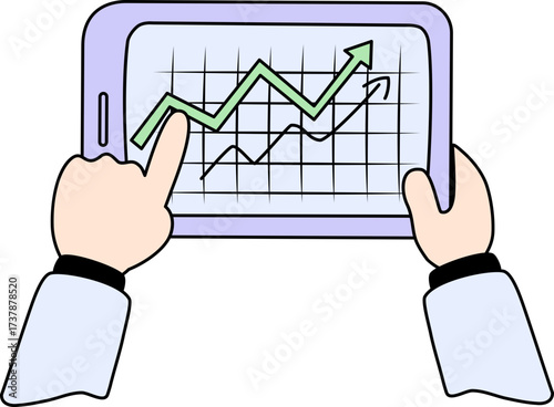 Financial analysis on digital tablet showing upward trend with user interaction