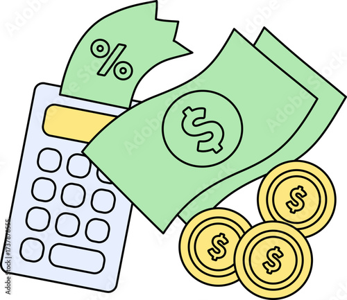 Financial illustration with calculator, cash, coins, and percentage symbol icon