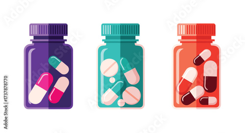 Various medicine bottles filled with different capsules and tablets for health.
