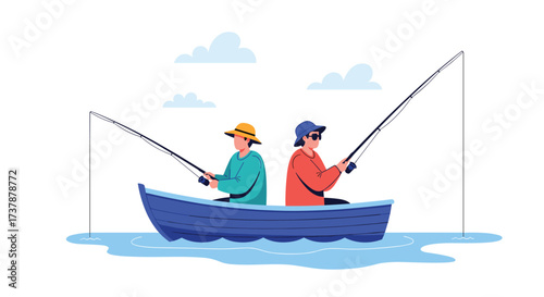 Two people fishing in a small boat on a calm body of water on a sunny day.