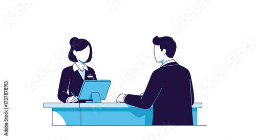 A polite and professional receptionist assists a customer at a service desk.