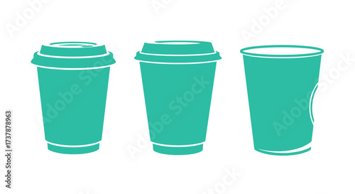 A set of three teal colored disposable coffee cups with lids in a row on a white background.