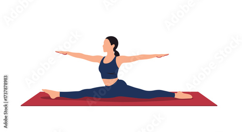 A woman performs a wide leg forward fold yoga pose on a mat.