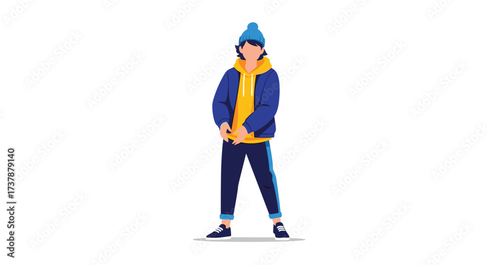 Fototapeta premium Young person wearing a blue beanie yellow hoodie and blue tracksuit.