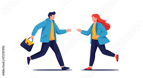 Two people in similar outfits running towards each other with open arms.