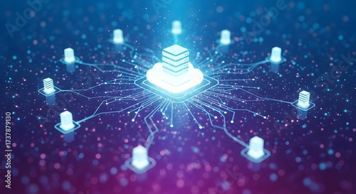 Glowing cloud server connected to multiple smaller servers with network connections on a purple background