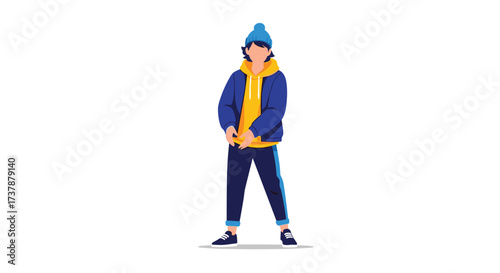 Young person wearing a blue beanie yellow hoodie and blue tracksuit.
