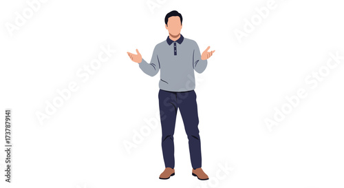A man in casual clothes stands with his hands raised and palms facing upwards in a gesture of confusion or asking a question.