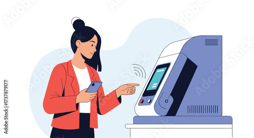 A woman uses her smartphone to interact with a contactless payment terminal.