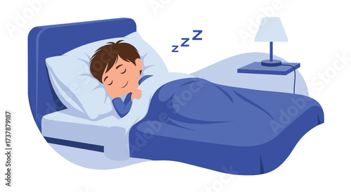 A young boy peacefully sleeps in his bed with zzz's floating above his head.
