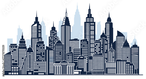 A detailed illustration of a sprawling city skyline with numerous skyscrapers of varying heights and architectural styles.