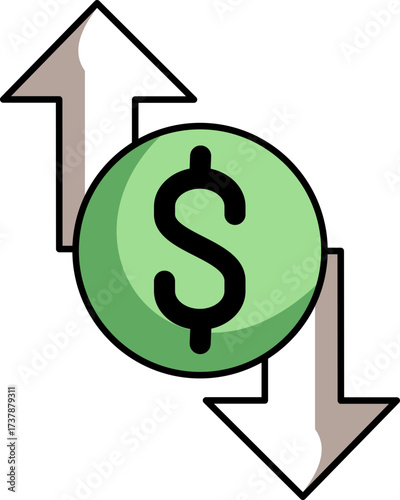 Financial fluctuation represented by up and down arrows around a dollar coin icon