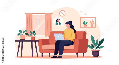 A woman works on her laptop in a cozy living room setting