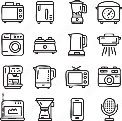 Collection of kitchen appliance icons in a grid layout.